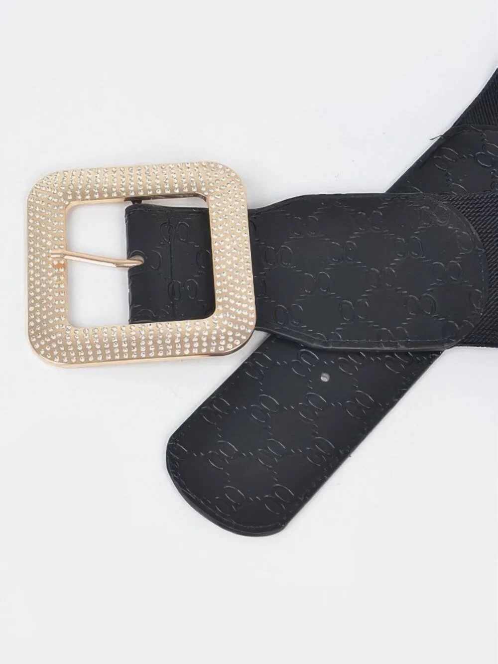 Big Rhinestone Buckle Embossed Elastic Belt